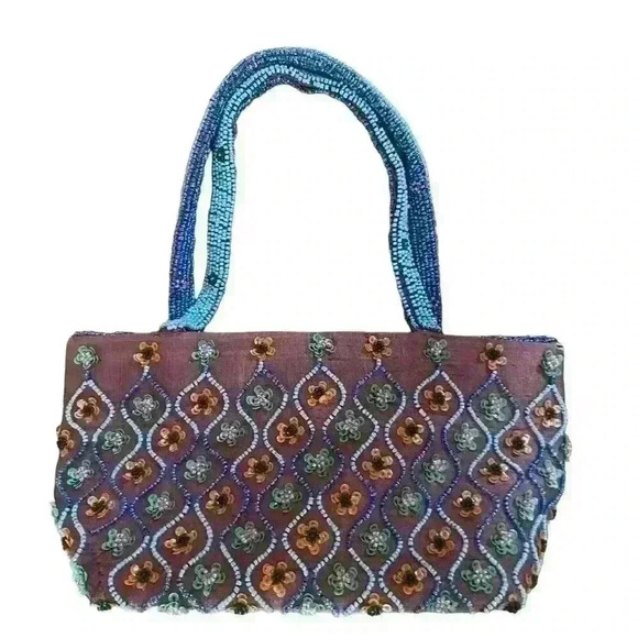 Karma Silk and and Beaded Handbag. Floral Vintage - Picture 1 of 12
